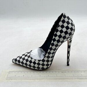 FSJ Black and White Checkered Pointed Toe Stiletto High Heels Pumps